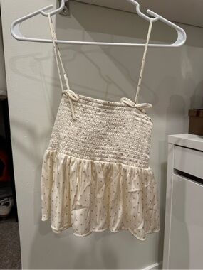 Hollister Cream Smocked Polka Dot Ruffle Camisole
